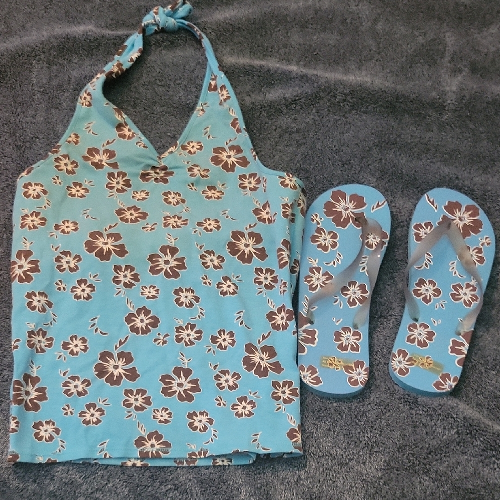 Blue Floral Halter Top and Flip Flops Set NWOT